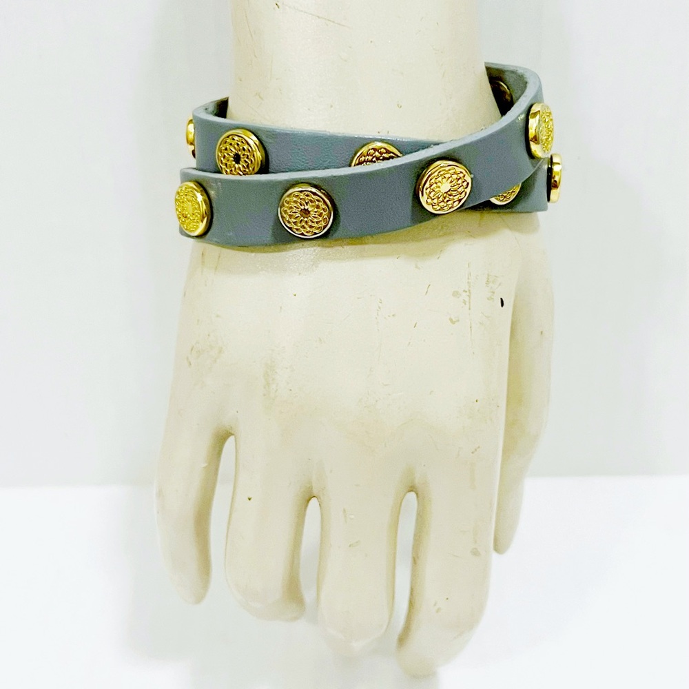 Vintage Sheng Tong Grey Leather Gold Stud Wrap Bracelet